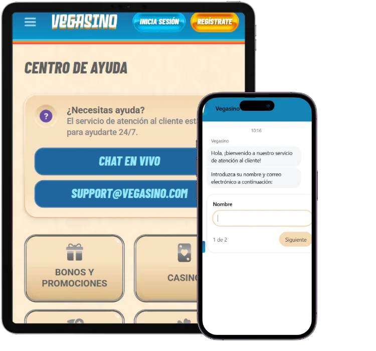 Vegasino Casino centro de ayuda con chat en vivo y atención al cliente