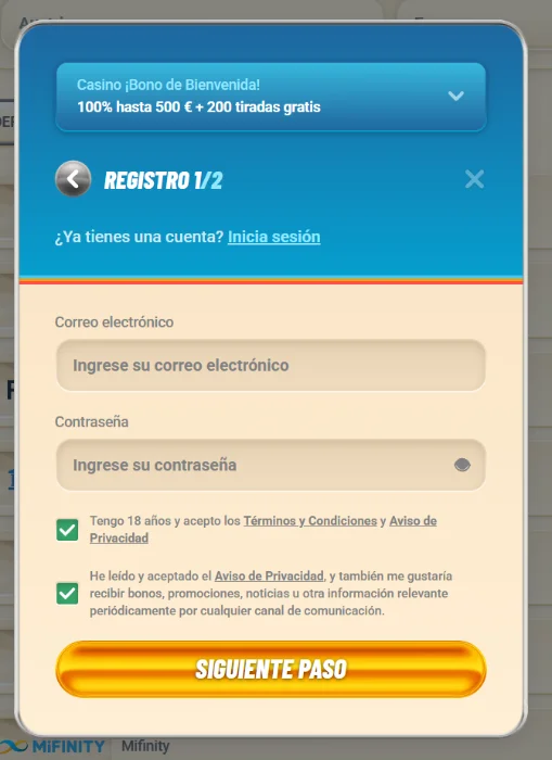 Vegasino Casino formulario de registro con bono de bienvenida